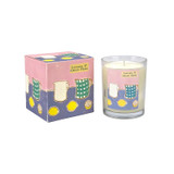 Lemons & Green Moss scented 20cl candle in clear glass alongside its illustrated gift box. The artwork by Sarah Pettitt features a row of white and green chequered jugs with yellow lemons scattered across a blue and pink background.