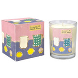 Lemons & Green Moss scented 20cl candle in clear glass alongside its illustrated gift box. The artwork by Sarah Pettitt features a row of white and green chequered jugs with yellow lemons scattered across a blue and pink background.