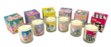 Scented 20cl candles in a clear glass vessel beside its matching illustrated gift box. The packaging features a hand-painted scenes by Sarah Pettitt including a 