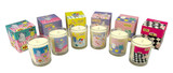 Scented 20cl candles in a clear glass vessel beside its matching illustrated gift box. The packaging features a hand-painted scenes by Sarah Pettitt including a 