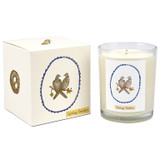Spring Garden scented 20cl candle in clear glass alongside its matching illustrated gift box. The artwork by Sarah Pettitt features a pair of turtle doves sitting on a branch, set within a blue scalloped oval on a cream-coloured background.