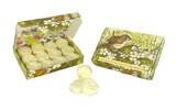 A box of Primrose Lane scented wax melts in the shape of flowers, shown inside their illustrated gift box and resting beside it. The FSC-certified packaging features a detailed nature illustration by Sarah Pettitt of a small wren amongst white flowers and green leaves.