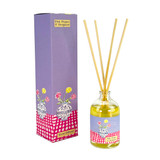 A 100ml clear apothecary glass reed diffuser with four natural reeds, standing next to its tall lavender-purple gift box. The box and bottle label feature a beautiful illustration by Sarah Pettitt of a blue and white patterned vase holding pink and yellow flowers, set against a pink and white chequered pattern