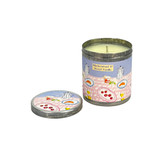 Heaven Scent Blackcurrant & Sweet Vanilla 200ml artisan candle , poured in an aluminium travel tin, illustrated with a coffee pot, croissant at a breakfast table. Made with natural, vegan, plant based & soy wax, no parabens.