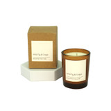 Wild Fig and Grape vegan soy wax candle in a warm amber glass votive, shown with a beautiful luxury gift box.