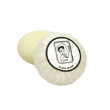 Heaven Scent natural vegan shaving soap bar wrapped in glassine paper featuring a black and white illustration of a woman shaving, scented with Black Opium.