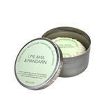 Heaven Scent natural vegan shaving soap bar inside an open metal travel tin featuring a pale green heritage label, scented with Lime, Basil and Mandarin.