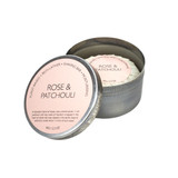 Heaven Scent natural vegan shaving soap bar inside an open metal travel tin featuring a dusty pink heritage label, scented with Rose and Patchouli.