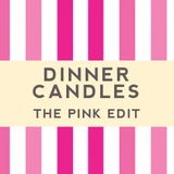 A beautifully illustrated, pink and white stripy gift box for Heaven Scent's The Pink Edit mixed dinner candles, displayed alongside six straight, hand-poured artisan dinner candles in complementary shades of Pastel Pink, Raspberry Pink and Bubblegum Pink.