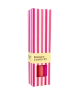 A beautifully illustrated, pink and white stripy gift box for Heaven Scent's The Pink Edit mixed dinner candles, displayed alongside six straight, hand-poured artisan dinner candles in complementary shades of Pastel Pink, Raspberry Pink and Bubblegum Pink.