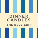 A beautifully illustrated, blue-striped gift box for Heaven Scent's The Blue Edit mixed dinner candles, displayed alongside six straight, hand-poured artisan dinner candles in complementary shades of Pastel Blue, Navy Blue and Charcoal Grey.