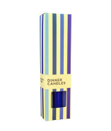 A beautifully illustrated, blue-striped gift box for Heaven Scent's The Blue Edit mixed dinner candles, displayed alongside six straight, hand-poured artisan dinner candles in complementary shades of Pastel Blue, Navy Blue and Charcoal Grey.