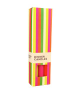 A beautifully illustrated, vibrantly striped gift box for Heaven Scent's The Neon Edit mixed dinner candles, displayed alongside six straight, hand-poured artisan dinner candles in electric shades of Neon Yellow, Neon Orange and Neon Pink.