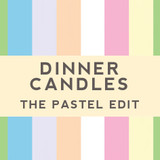 A beautifully illustrated, pastel-striped gift box for Heaven Scent's The Pastel Edit mixed dinner candles, displayed alongside six straight, hand-poured artisan dinner candles in complementary shades of Pastel Blue, Pastel Pink and Mint Green.