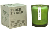 20cl natural soy wax Elder Flower scented candle in a beautiful green glass jar, next to its recycled presentation box, hand-poured in the UK.
