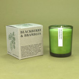 20cl natural soy wax Blackberry & Brambles scented candle in a beautiful green glass jar, next to its recycled presentation box, hand-poured in the UK.