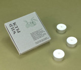 Heaven Scent Wild Plum box of 9 natural, vegan, plant-based and soy wax hand-poured tealights in aluminium cases, made in the UK next to its illustrated presentation box.