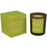 Bergamot & Lemon 20cl amber glass scented candle from the Modern Heritage collection, shown beside its green gift box.