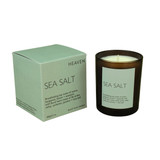 Sea Salt 20cl amber glass scented candle from the Modern Heritage collection, shown beside its blue-green gift box.