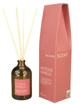 Antique Vanilla 100ml amber apothecary glass reed diffuser from the Modern Heritage collection, shown with natural rattan reeds and its pink gift box.
