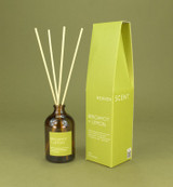 Bergamot & Lemon 100ml amber apothecary glass reed diffuser from the Modern Heritage collection, shown with natural rattan reeds and its lime green gift box.