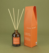 Christmas Clementines 100ml amber apothecary glass reed diffuser from the Modern Heritage collection, shown with natural rattan reeds and its orange gift box.