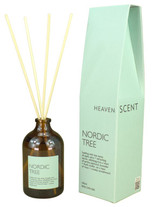 Nordic Tree 100ml amber apothecary glass reed diffuser from the Modern Heritage collection, shown with natural rattan reeds and its pale green gift box.