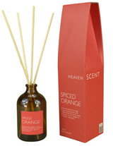 Spiced Orange 100ml amber apothecary glass reed diffuser from the Modern Heritage collection, shown with natural rattan reeds and its red gift box.