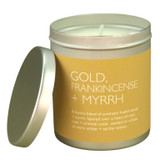 Gold, Frankincense & Myrrh 200ml Travel Tin candle from the Modern Heritage collection, shown with the lid off and a beautiful Gold label.