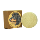 Explorer 80g natural conditioning pet shampoo bar shown with its brown card box packaging and a wrapped bar featuring a Dachshund illustration.