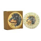 Explorer 80g natural conditioning pet shampoo bar shown with its brown card box packaging and a wrapped bar featuring a Dachshund illustration.