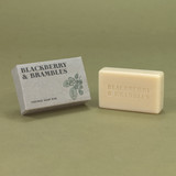 Blackberry & Brambles 100g Green Botanical natural soap bar shown with its recycled card box packaging featuring a botanical illustration and the stamped soap bar.