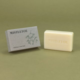 Mistletoe 100g Green Botanical natural soap bar shown with its recycled card box packaging featuring a botanical mistletoe illustration and the stamped soap bar.