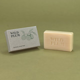 Wild Plum 100g Green Botanical natural soap bar shown with its recycled card box packaging featuring a botanical wild plum illustration and the stamped soap bar.