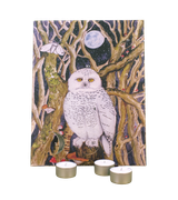 The Snowy Owl 12-Day Christmas Tealight Advent Calendar featuring an illustrated snowy owl and woodland design by Sarah Pettitt, displayed alongside three individual tealights in recyclable aluminium cups.
