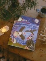 Coastal Puffins 12-Day Christmas Tealight Advent Calendar featuring an illustrated coastal puffin and harbour design by Sarah Pettitt, displayed alongside three individual tealights in recyclable aluminium cups.