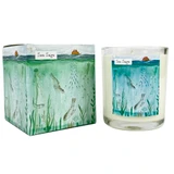 Sea Sage 20cl coastal inspired artisan candle made with natural, vegan, plant based & soy wax with no parabens, in a gift box illustrated with a diving seal and lifeboat
