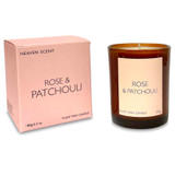 Rose & Patchouli 20cl amber glass scented candle, 100ml reed diffuser and 60ml cocoa & shea butter hand cream from the Heritage collection, shown with their pretty pink gift box.