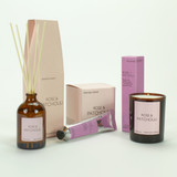 Rose & Patchouli 20cl amber glass scented candle, 100ml reed diffuser and 60ml cocoa & shea butter hand cream from the Heritage collection, shown with their pretty pink gift box.
