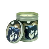 Nutmeg, Orange & Cinnamon 200ml candle tin featuring an illustration of swans swimming on a lake in moonlight.