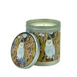 Green Oakwood and Cedar 200ml travel tin candle with a snowy owl woodland illustration