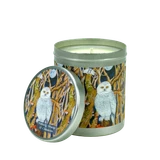 Nutmeg Orange and Cinnamon 200ml travel tin candle with a snowy owl woodland illustration