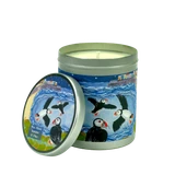 Sea Moss Jasmine and Pine 200ml travel tin candle with a puffins illustration