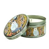 Green Oakwood and Cedar 100ml travel tin candle with a snowy owl woodland illustration