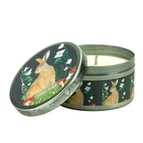 Winter Scent 100ml candle tin featuring a hare illustrated amongst ivy, white flowers and red toadstools.