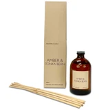 Amber & Tonka Bean 100ml scented artisan reed diffuser. Made with natural, alcohol plant-based reed liquid with no parabens, in a heritage-colour gift box