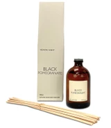 Black Pomegranate 100ml scented artisan reed diffuser. Made with natural, alcohol plant-based reed liquid with no parabens, in a heritage-colour gift box