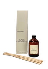 Black Pomegranate 100ml scented artisan reed diffuser. Made with natural, alcohol plant-based reed liquid with no parabens, in a heritage-colour gift box