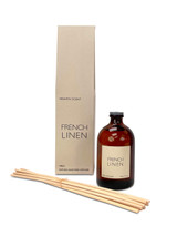 French Linen 100ml scented artisan reed diffuser. Made with natural, alcohol plant-based reed liquid with no parabens, in a heritage-colour gift box