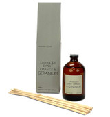 Lavender, Sweet Orange & Geranium 100ml scented artisan reed diffuser. Made with natural, alcohol plant-based reed liquid with no parabens, in a heritage-colour gift box
